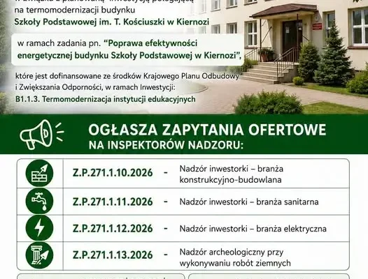 Kiernozia: przetarg na nadzór inwestorski przy termomodernizacji szkoły