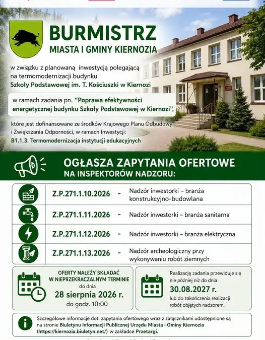 Kiernozia: przetarg na nadzór inwestorski przy termomodernizacji szkoły
