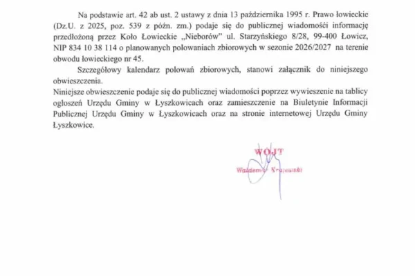 Obwieszczenie o polowaniach zbiorowych w gminie Łyszkowice na sezon 2026/2027