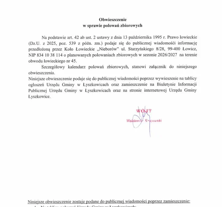 Obwieszczenie o polowaniach zbiorowych w gminie Łyszkowice na sezon 2026/2027