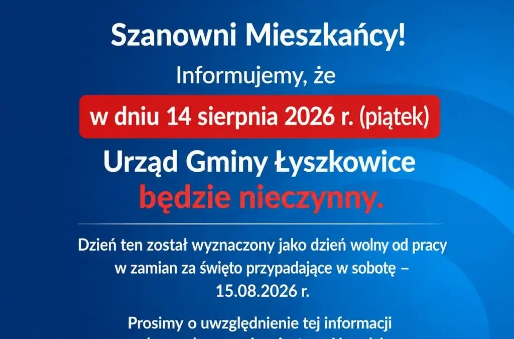 Urząd w Liskowie nieczynny 14 sierpnia 2026 – sprawdź, co to oznacza dla mieszkańców