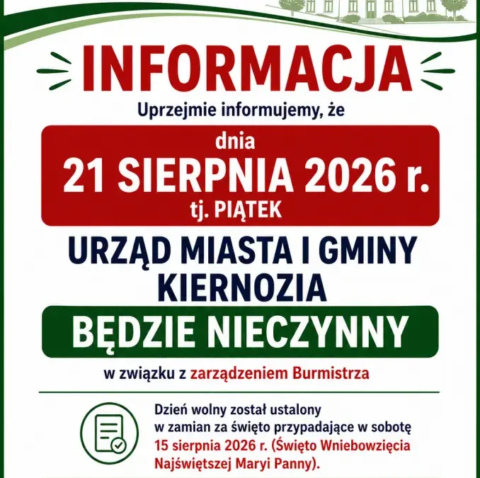 Dzień wolny dla pracowników Urzędu Miasta i Gminy Kiernozia