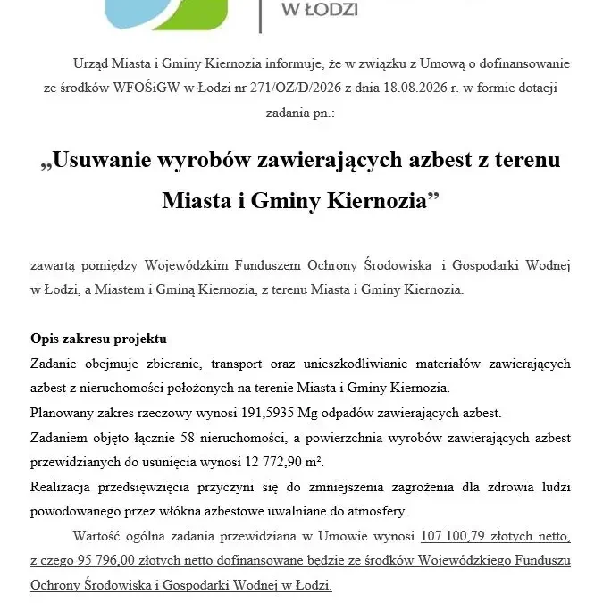 Kiernozia pozyskała dotację na usuwanie azbestu – mieszkańcy mogą składać wnioski