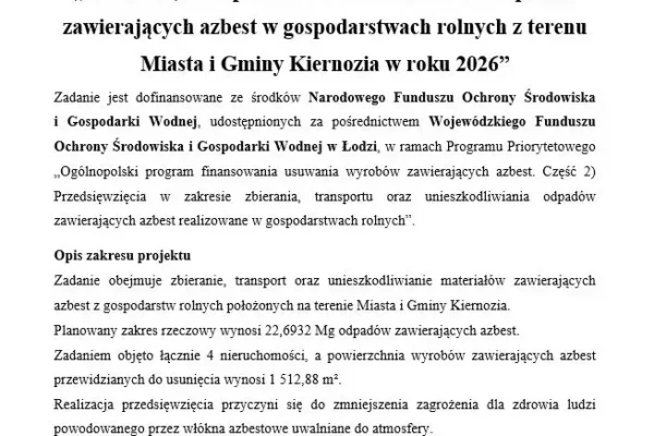 Dotacja na usuwanie azbestu w gospodarstwach rolnych w Kiernozi