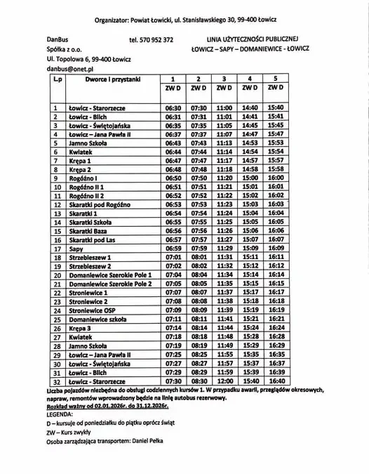 Nowa linia autobusowa Łowicz – Sapy – Domaniewice: rozkład jazdy na 2026 rok