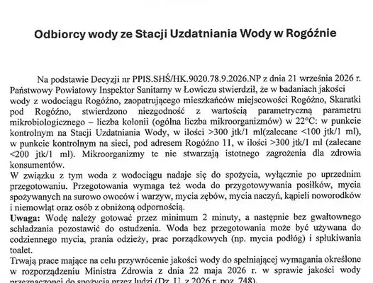 Woda z wodociągu Rogóźno niezdatna do picia. Gmina przełącza mieszkańców na ujęcie w Skaratkach