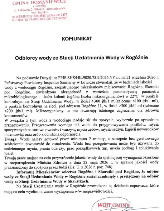 Woda z wodociągu Rogóźno niezdatna do picia. Gmina przełącza mieszkańców na ujęcie w Skaratkach