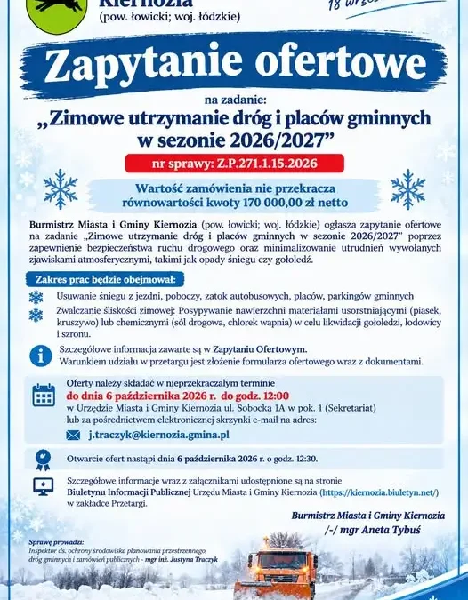 Kiernozia szuka wykonawcy zimowego utrzymania dróg na sezon 2026/2027