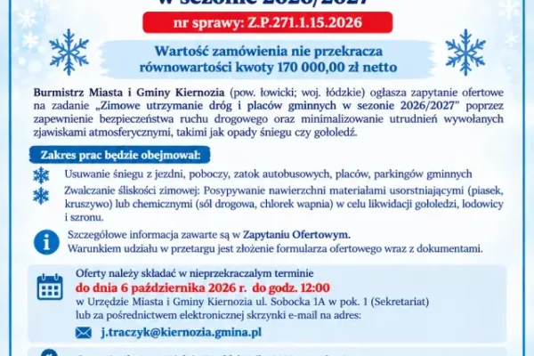 Kiernozia szuka wykonawcy zimowego utrzymania dróg na sezon 2026/2027
